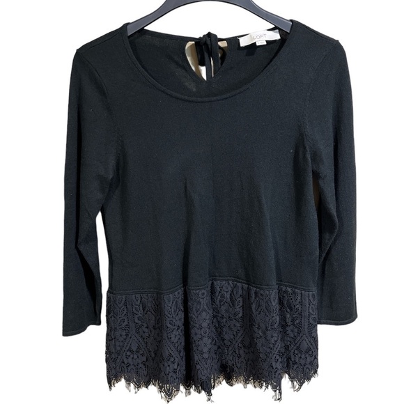 LOFT Sweaters - Ann Taylor LOFT 3/4 Sleeve Black Lace Hem Tie Neck Sweater Small Whimsigoth Goth